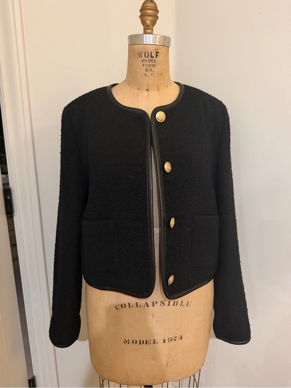 J. Crew Black Bouclé Collarless Blazer with Gold Buttons